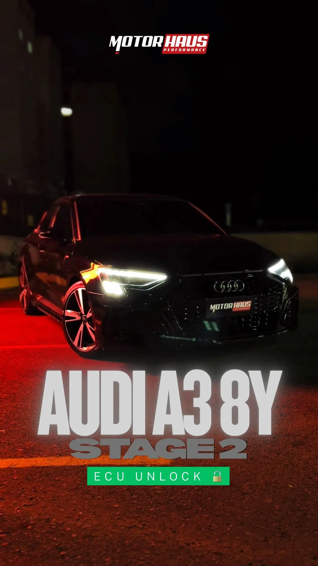 Audi A3 2.0 8Y preto, com iluminação vermelha e identificação do projeto Stage 2 na publicação original.